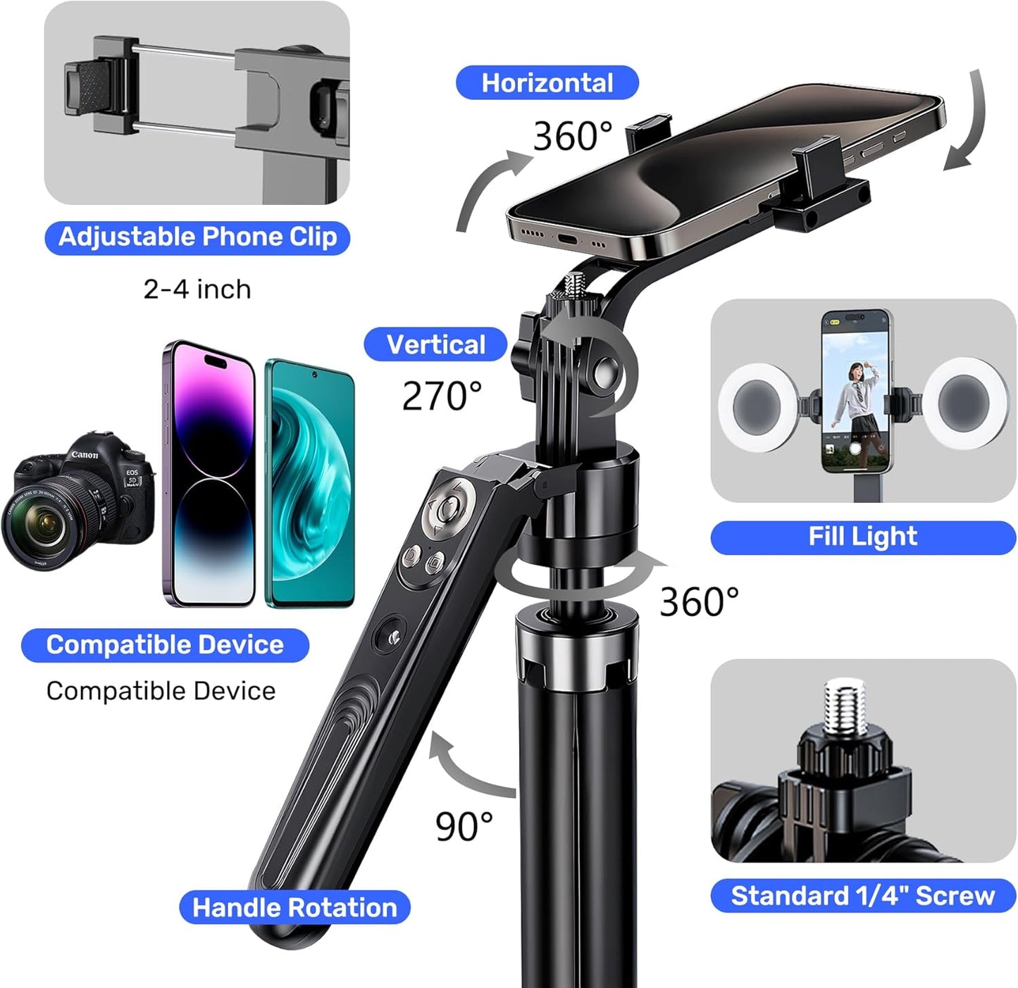 Extendable Auto Face Tracking Tripod 360° Rotation,70"",Camera Mount with Selfie Light and Remote for Gesture Control Smart Shooting Camera Mount with Selfie,No Need Application