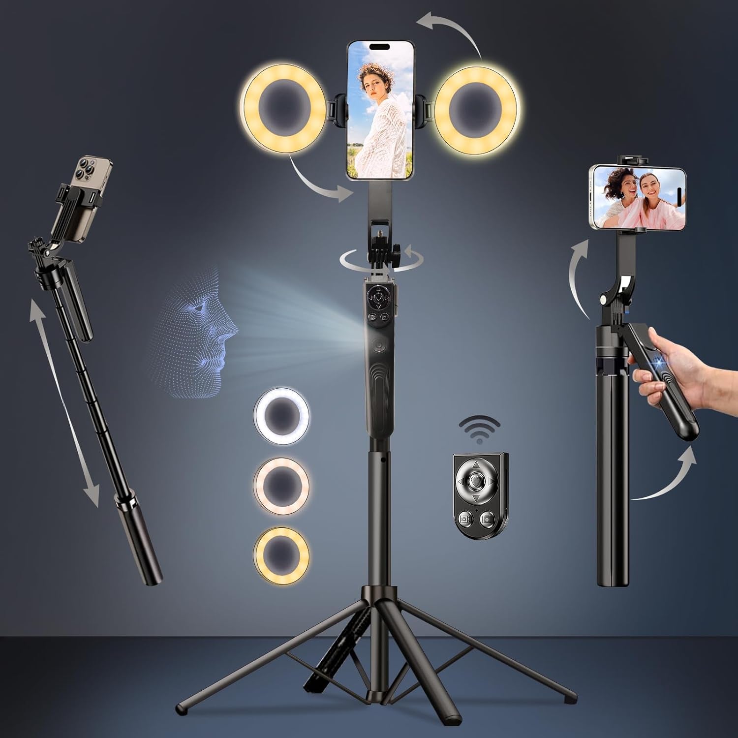 Extendable Auto Face Tracking Tripod 360° Rotation,70"",Camera Mount with Selfie Light and Remote for Gesture Control Smart Shooting Camera Mount with Selfie,No Need Application