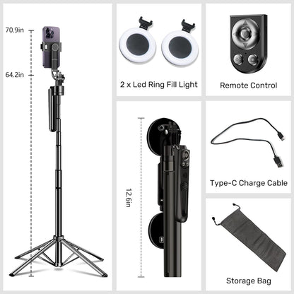 Extendable Auto Face Tracking Tripod 360° Rotation,70"",Camera Mount with Selfie Light and Remote for Gesture Control Smart Shooting Camera Mount with Selfie,No Need Application