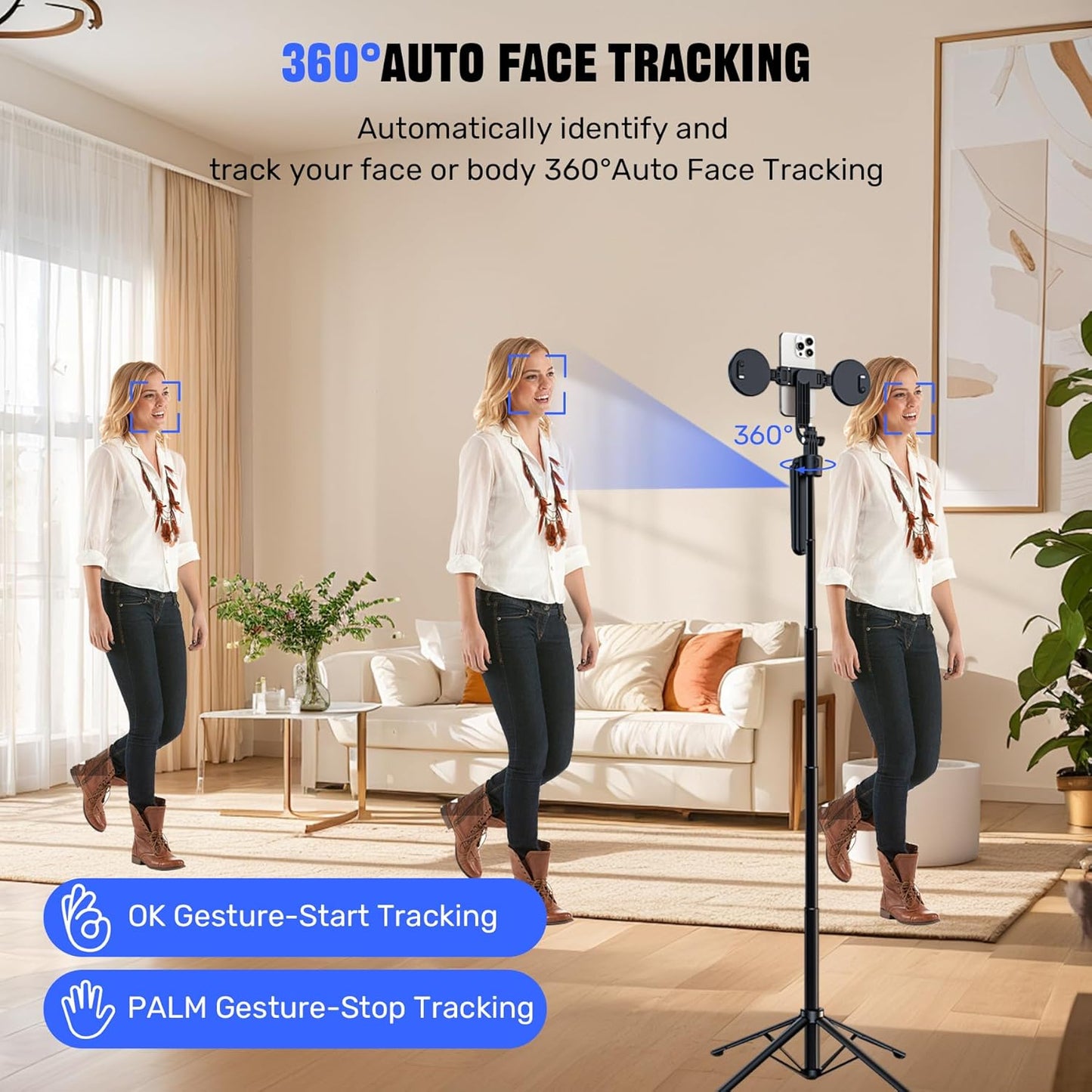 Extendable Auto Face Tracking Tripod 360° Rotation,70"",Camera Mount with Selfie Light and Remote for Gesture Control Smart Shooting Camera Mount with Selfie,No Need Application